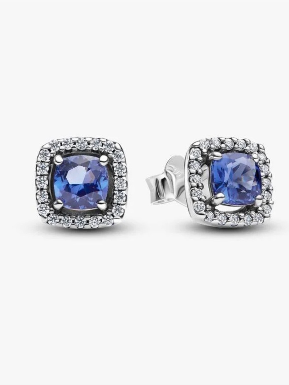 Pandora Silver Halo Stud Earrings with Blue Gemstone